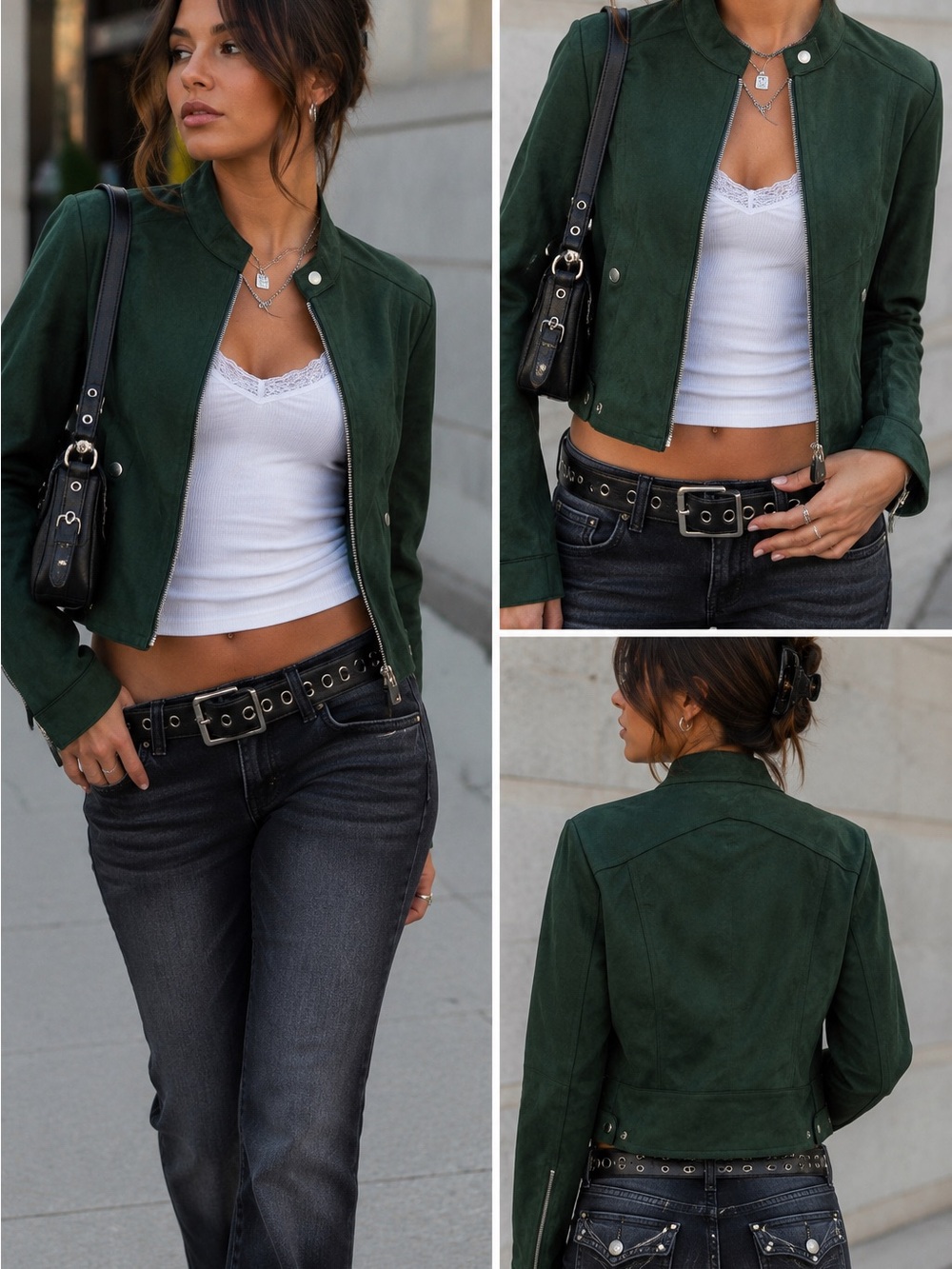 JouJou XL Forest Green Faux Suede Cropped Moto Jacket